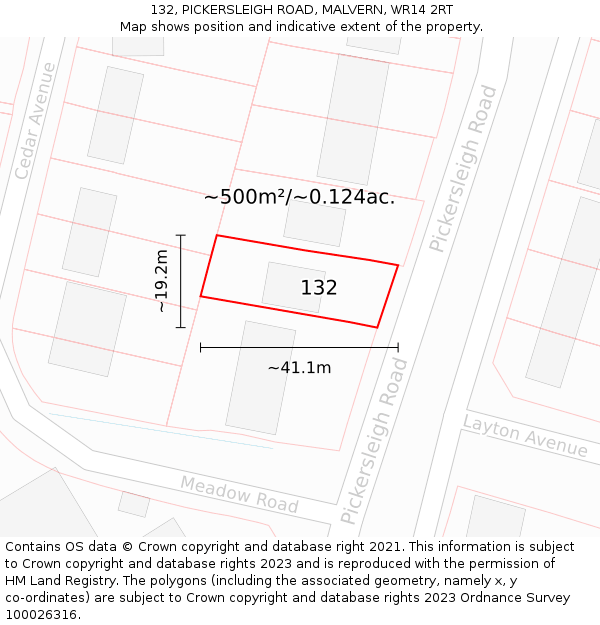 132, PICKERSLEIGH ROAD, MALVERN, WR14 2RT: Plot and title map