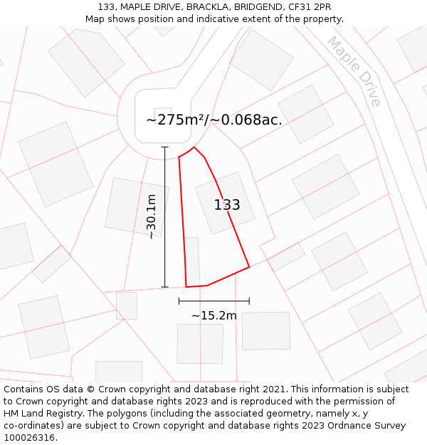 133, MAPLE DRIVE, BRACKLA, BRIDGEND, CF31 2PR: Plot and title map
