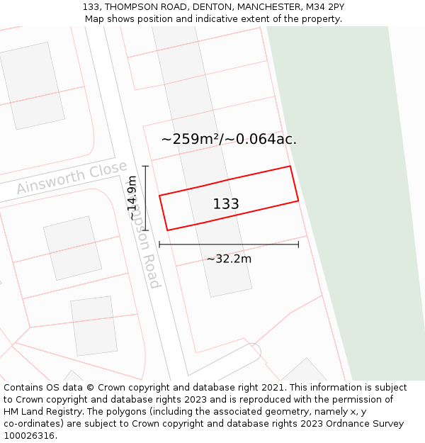 133, THOMPSON ROAD, DENTON, MANCHESTER, M34 2PY: Plot and title map