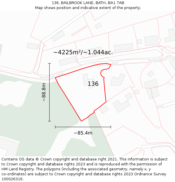 136, BAILBROOK LANE, BATH, BA1 7AB: Plot and title map