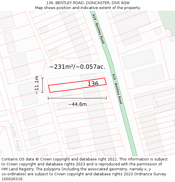 136, BENTLEY ROAD, DONCASTER, DN5 9QW: Plot and title map
