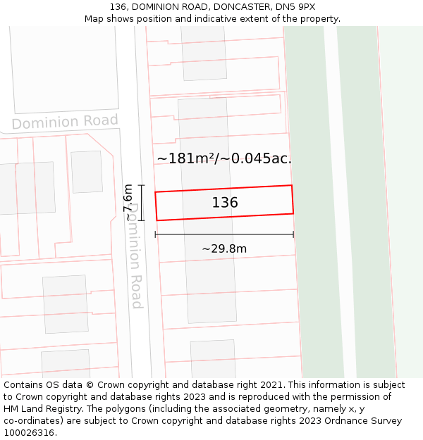 136, DOMINION ROAD, DONCASTER, DN5 9PX: Plot and title map