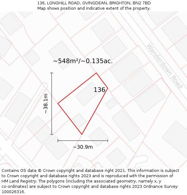 136, LONGHILL ROAD, OVINGDEAN, BRIGHTON, BN2 7BD: Plot and title map
