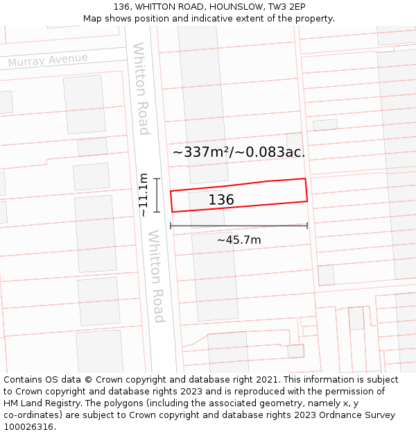 136, WHITTON ROAD, HOUNSLOW, TW3 2EP: Plot and title map