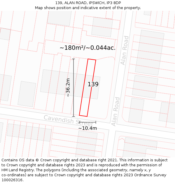 139, ALAN ROAD, IPSWICH, IP3 8DP: Plot and title map