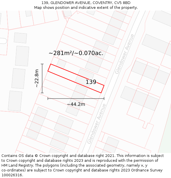 139, GLENDOWER AVENUE, COVENTRY, CV5 8BD: Plot and title map