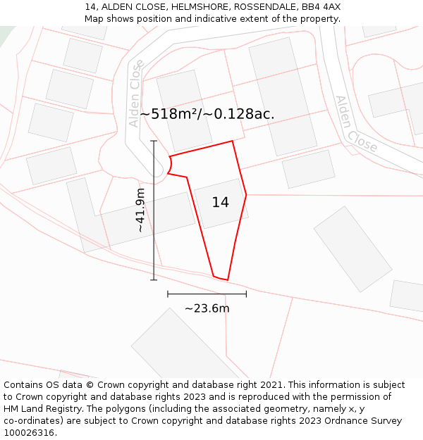 14, ALDEN CLOSE, HELMSHORE, ROSSENDALE, BB4 4AX: Plot and title map