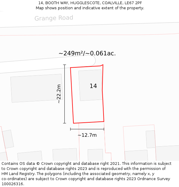 14, BOOTH WAY, HUGGLESCOTE, COALVILLE, LE67 2PF: Plot and title map