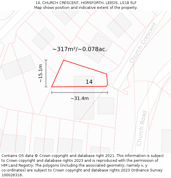 14, CHURCH CRESCENT, HORSFORTH, LEEDS, LS18 5LF: Plot and title map