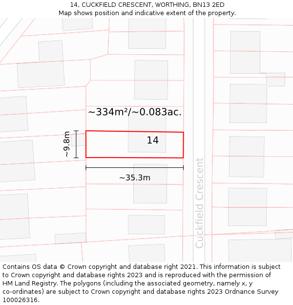 14, CUCKFIELD CRESCENT, WORTHING, BN13 2ED: Plot and title map