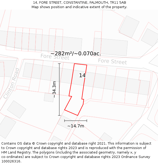 14, FORE STREET, CONSTANTINE, FALMOUTH, TR11 5AB: Plot and title map