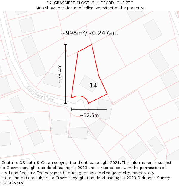 14, GRASMERE CLOSE, GUILDFORD, GU1 2TG: Plot and title map