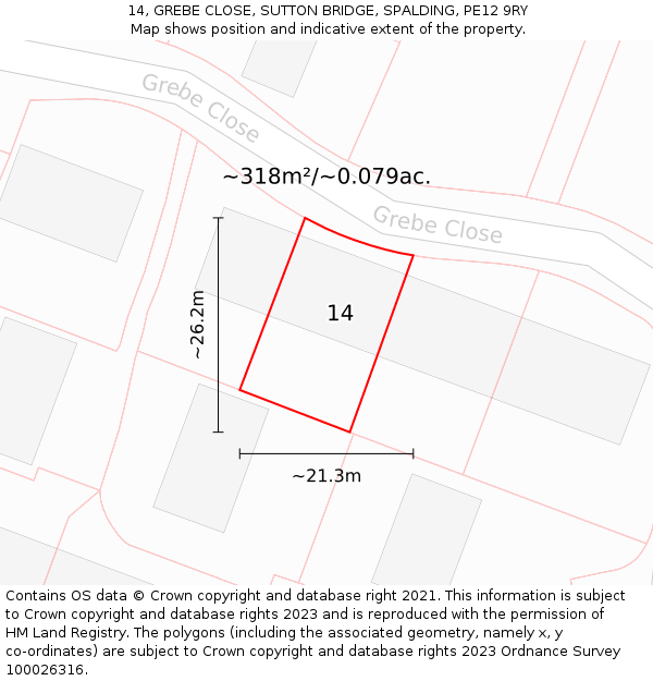 14, GREBE CLOSE, SUTTON BRIDGE, SPALDING, PE12 9RY: Plot and title map