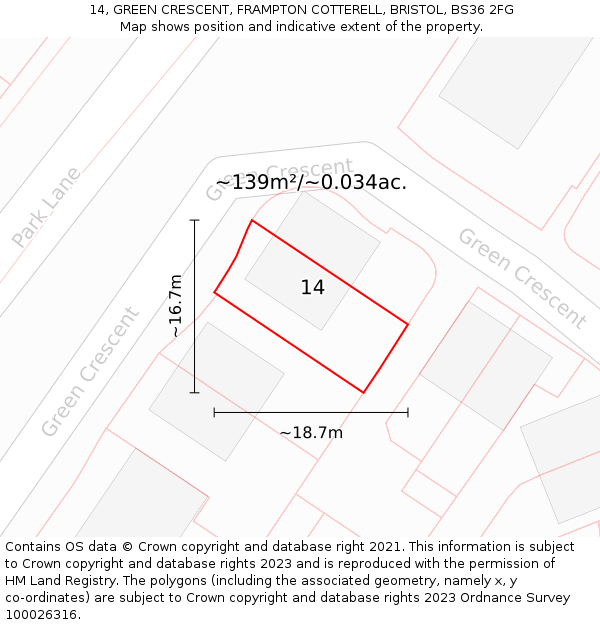 14, GREEN CRESCENT, FRAMPTON COTTERELL, BRISTOL, BS36 2FG: Plot and title map