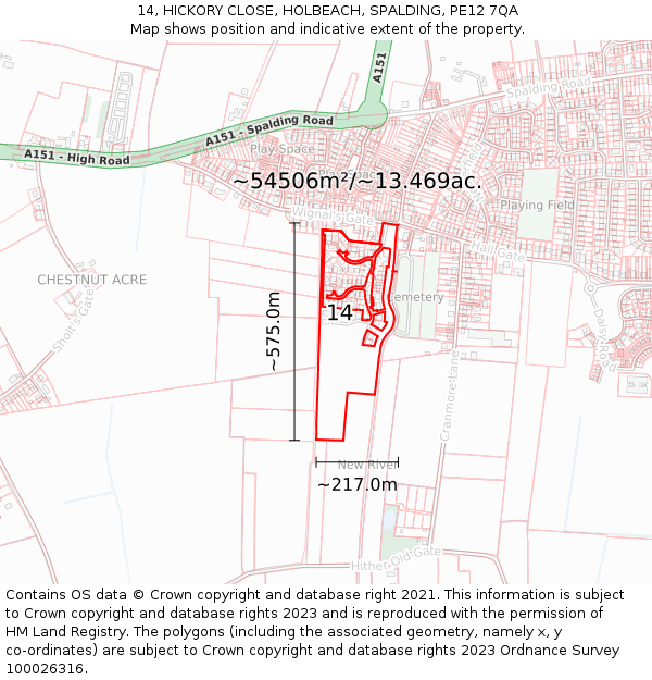 14, HICKORY CLOSE, HOLBEACH, SPALDING, PE12 7QA: Plot and title map