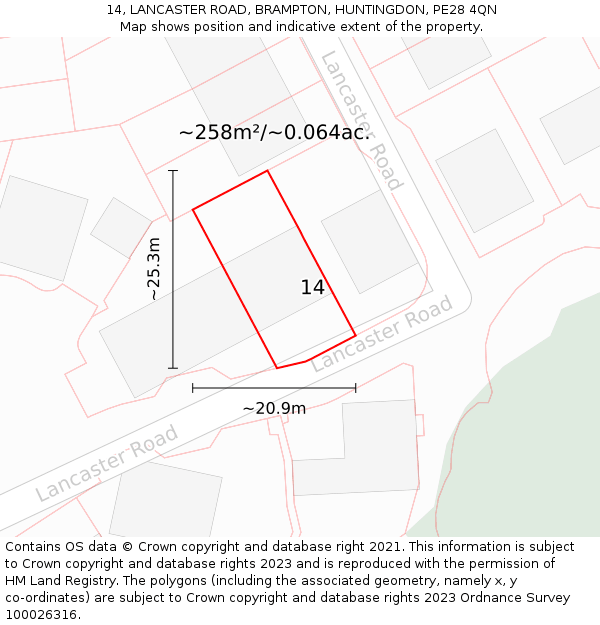 14, LANCASTER ROAD, BRAMPTON, HUNTINGDON, PE28 4QN: Plot and title map