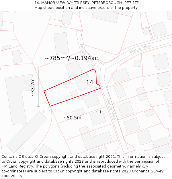 14, MANOR VIEW, WHITTLESEY, PETERBOROUGH, PE7 1TF: Plot and title map