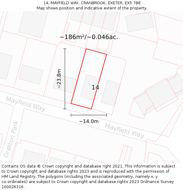 14, MAYFIELD WAY, CRANBROOK, EXETER, EX5 7BE: Plot and title map