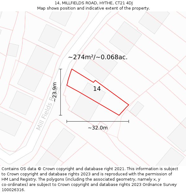 14, MILLFIELDS ROAD, HYTHE, CT21 4DJ: Plot and title map