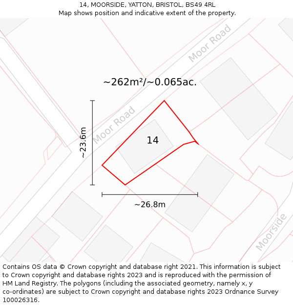 14, MOORSIDE, YATTON, BRISTOL, BS49 4RL: Plot and title map