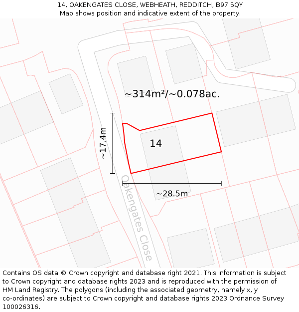 14, OAKENGATES CLOSE, WEBHEATH, REDDITCH, B97 5QY: Plot and title map