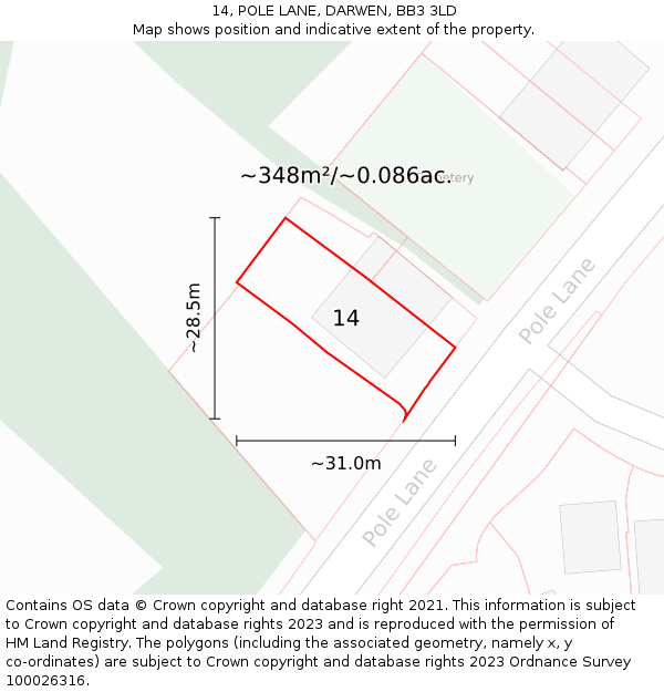 14, POLE LANE, DARWEN, BB3 3LD: Plot and title map