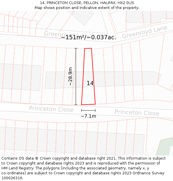 14, PRINCETON CLOSE, PELLON, HALIFAX, HX2 0US: Plot and title map