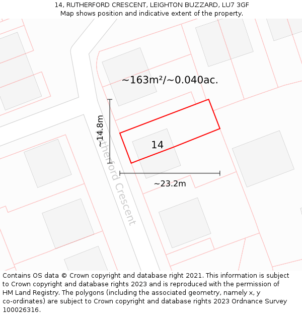 14, RUTHERFORD CRESCENT, LEIGHTON BUZZARD, LU7 3GF: Plot and title map