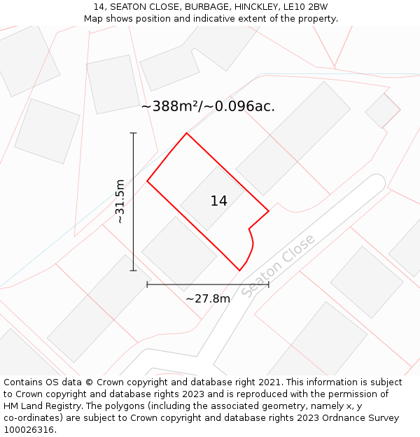 14, SEATON CLOSE, BURBAGE, HINCKLEY, LE10 2BW: Plot and title map