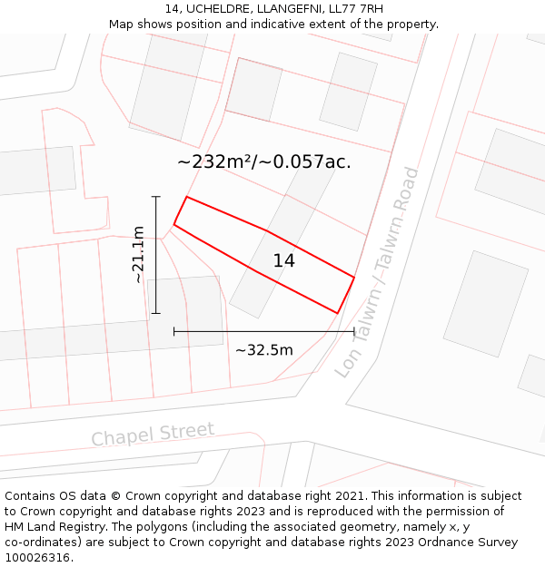 14, UCHELDRE, LLANGEFNI, LL77 7RH: Plot and title map