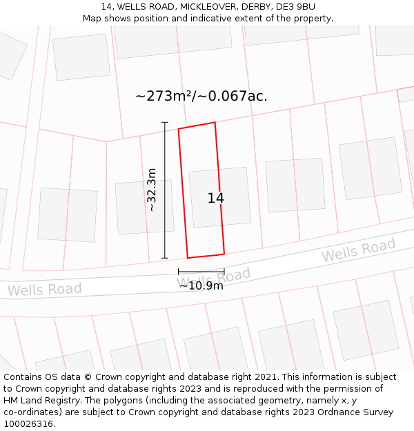 14, WELLS ROAD, MICKLEOVER, DERBY, DE3 9BU: Plot and title map