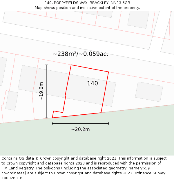 140, POPPYFIELDS WAY, BRACKLEY, NN13 6GB: Plot and title map