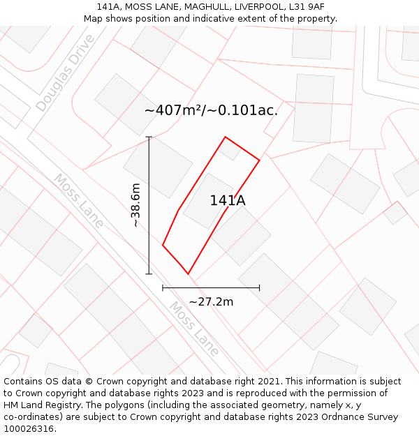 141A, MOSS LANE, MAGHULL, LIVERPOOL, L31 9AF: Plot and title map