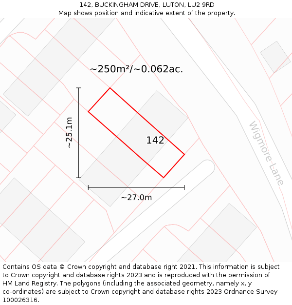142, BUCKINGHAM DRIVE, LUTON, LU2 9RD: Plot and title map
