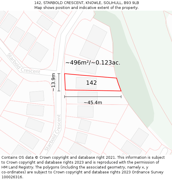 142, STARBOLD CRESCENT, KNOWLE, SOLIHULL, B93 9LB: Plot and title map