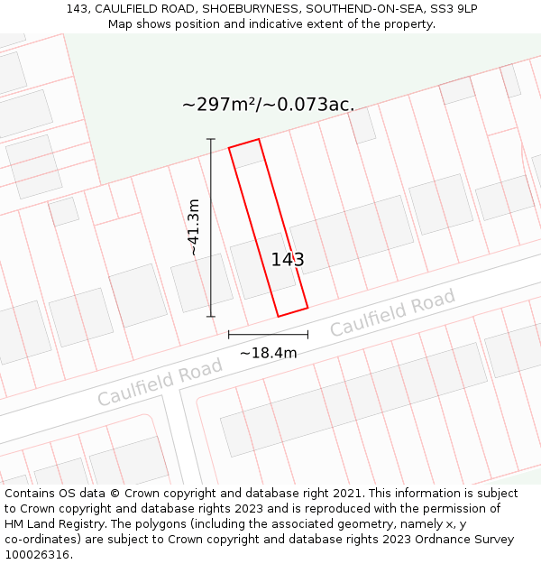 143, CAULFIELD ROAD, SHOEBURYNESS, SOUTHEND-ON-SEA, SS3 9LP: Plot and title map