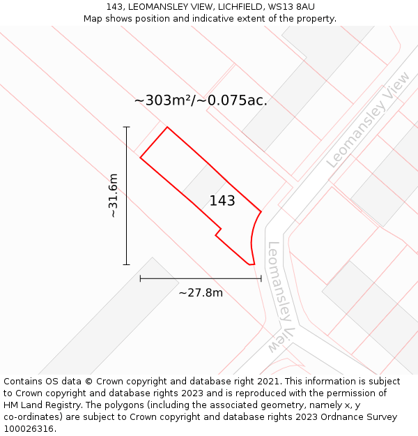 143, LEOMANSLEY VIEW, LICHFIELD, WS13 8AU: Plot and title map