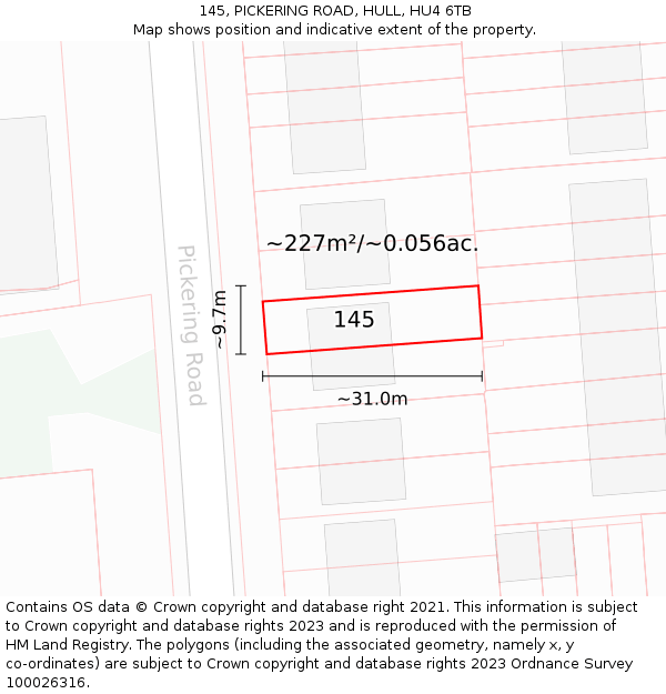 145, PICKERING ROAD, HULL, HU4 6TB: Plot and title map