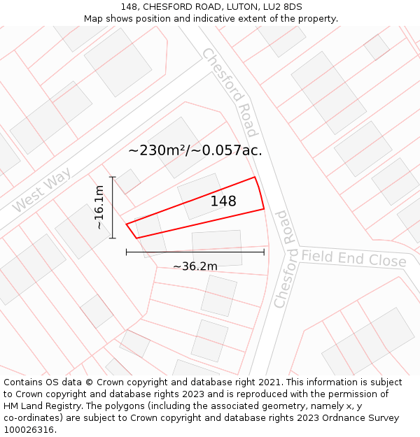 148, CHESFORD ROAD, LUTON, LU2 8DS: Plot and title map