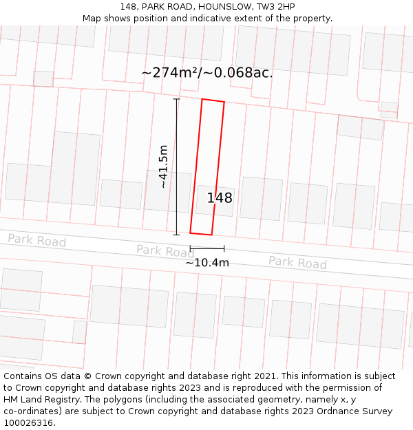 148, PARK ROAD, HOUNSLOW, TW3 2HP: Plot and title map