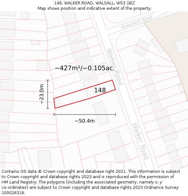 148, WALKER ROAD, WALSALL, WS3 1BZ: Plot and title map