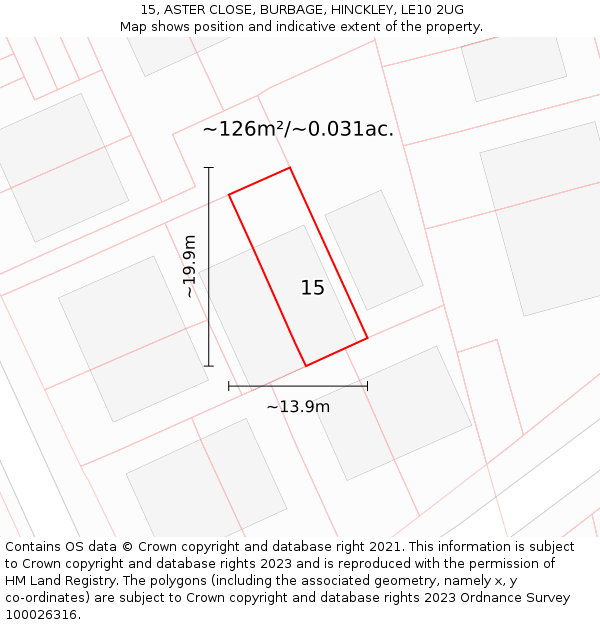 15, ASTER CLOSE, BURBAGE, HINCKLEY, LE10 2UG: Plot and title map