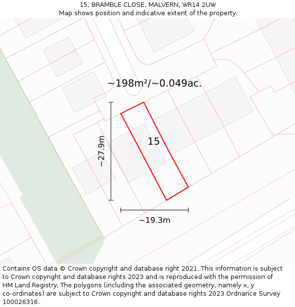 15, BRAMBLE CLOSE, MALVERN, WR14 2UW: Plot and title map