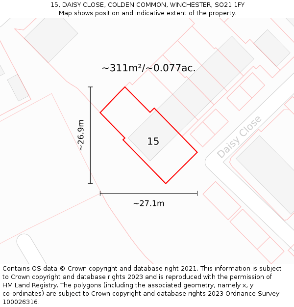 15, DAISY CLOSE, COLDEN COMMON, WINCHESTER, SO21 1FY: Plot and title map