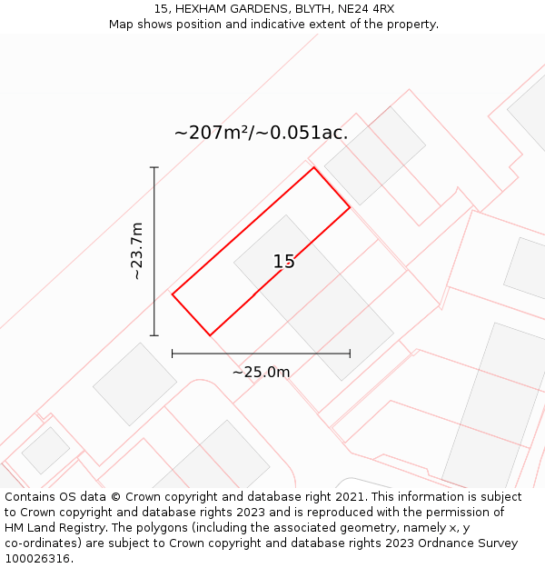 15, HEXHAM GARDENS, BLYTH, NE24 4RX: Plot and title map