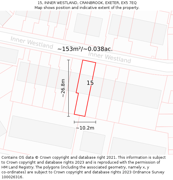 15, INNER WESTLAND, CRANBROOK, EXETER, EX5 7EQ: Plot and title map