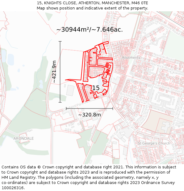 15, KNIGHTS CLOSE, ATHERTON, MANCHESTER, M46 0TE: Plot and title map