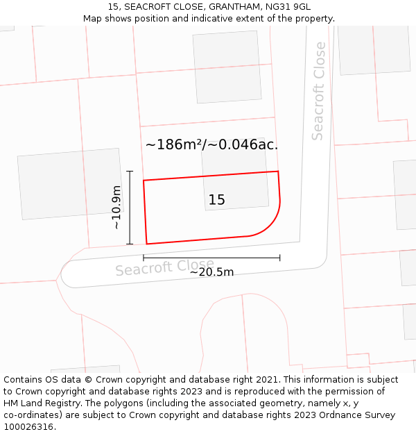 15, SEACROFT CLOSE, GRANTHAM, NG31 9GL: Plot and title map