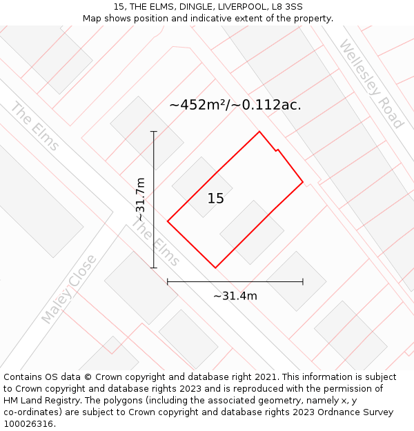 15, THE ELMS, DINGLE, LIVERPOOL, L8 3SS: Plot and title map