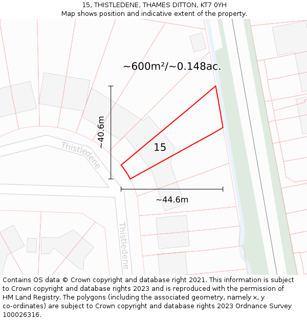 15, THISTLEDENE, THAMES DITTON, KT7 0YH: Plot and title map